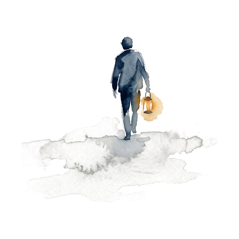 A watercolour figure seen from behind, walking away and carrying a lit lantern.