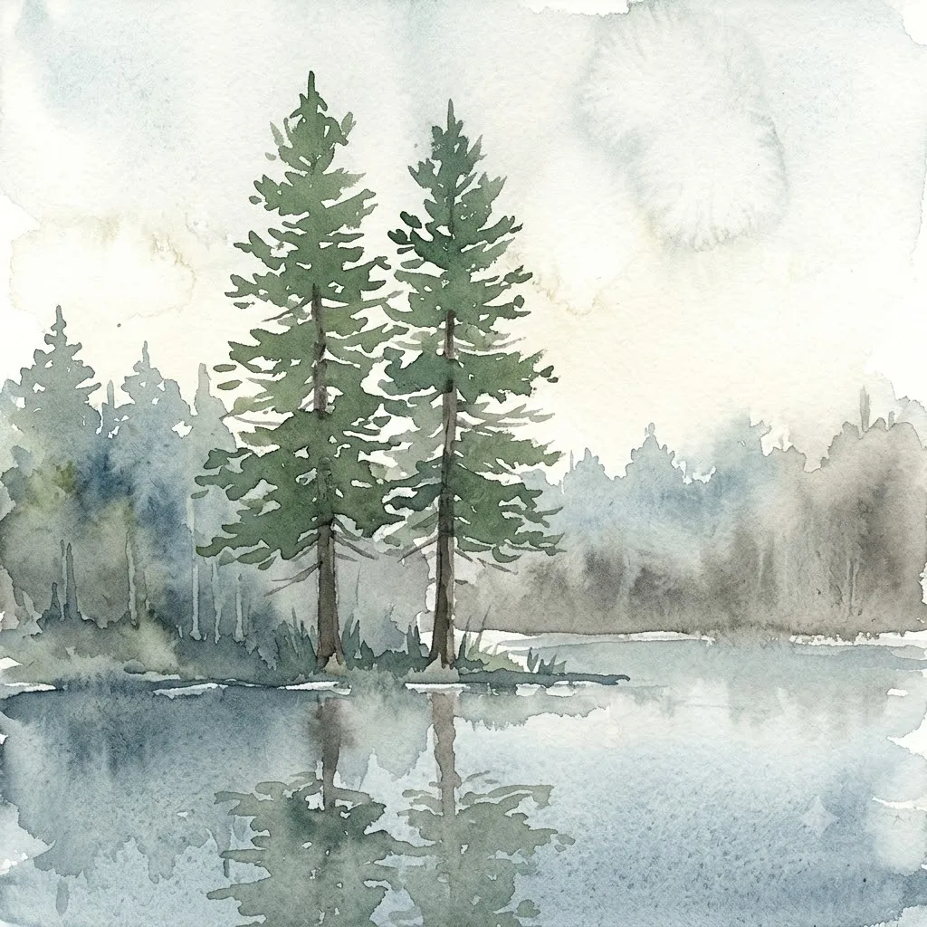 A watercolour of dark pines under a pale sky.