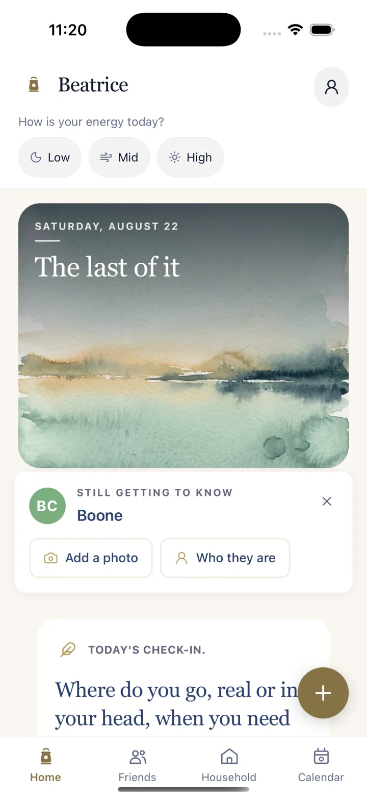 The Beatrice home screen with an energy check-in and a watercolour landscape.