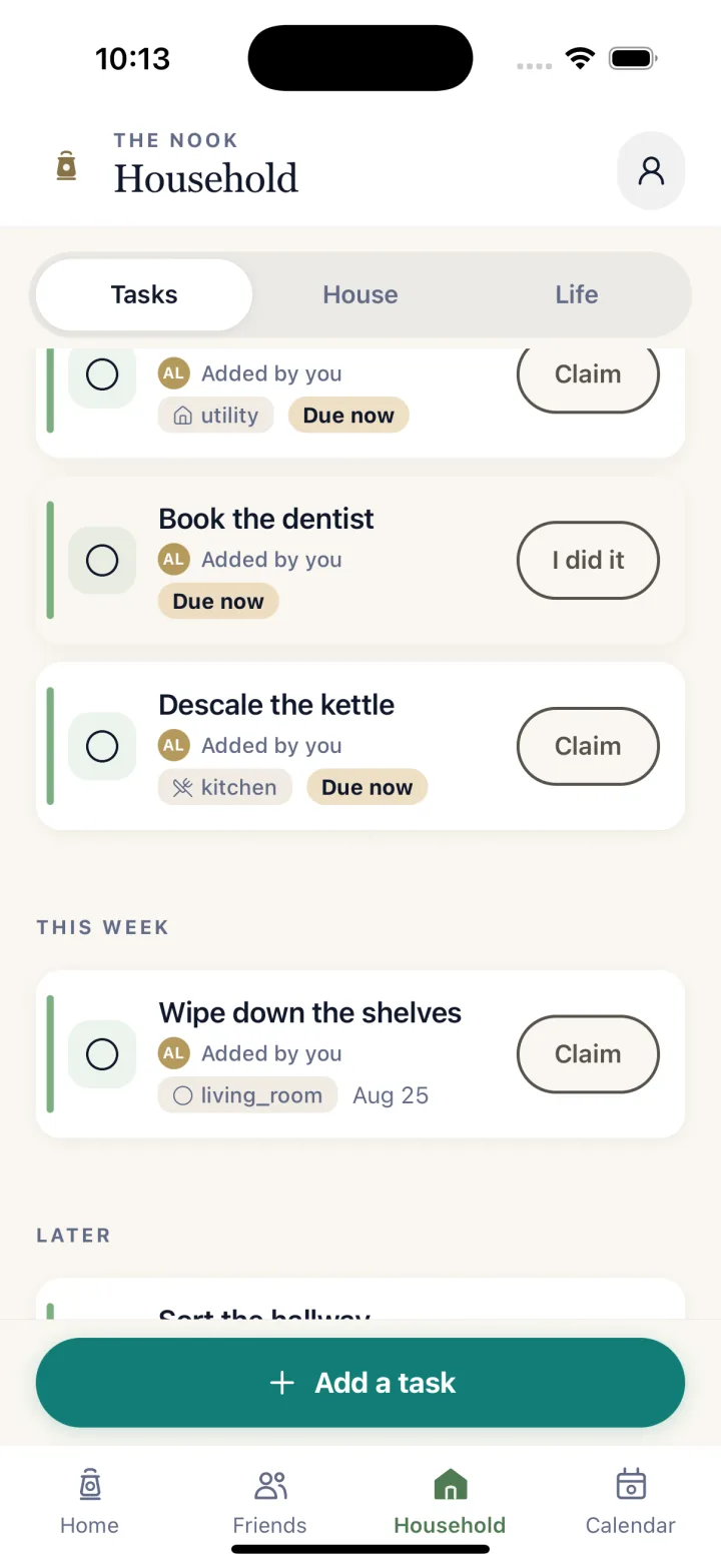 The Household tasks screen in Beatrice.